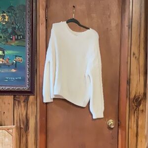 White Crew Neck Sweater with Ribbed Cuffs